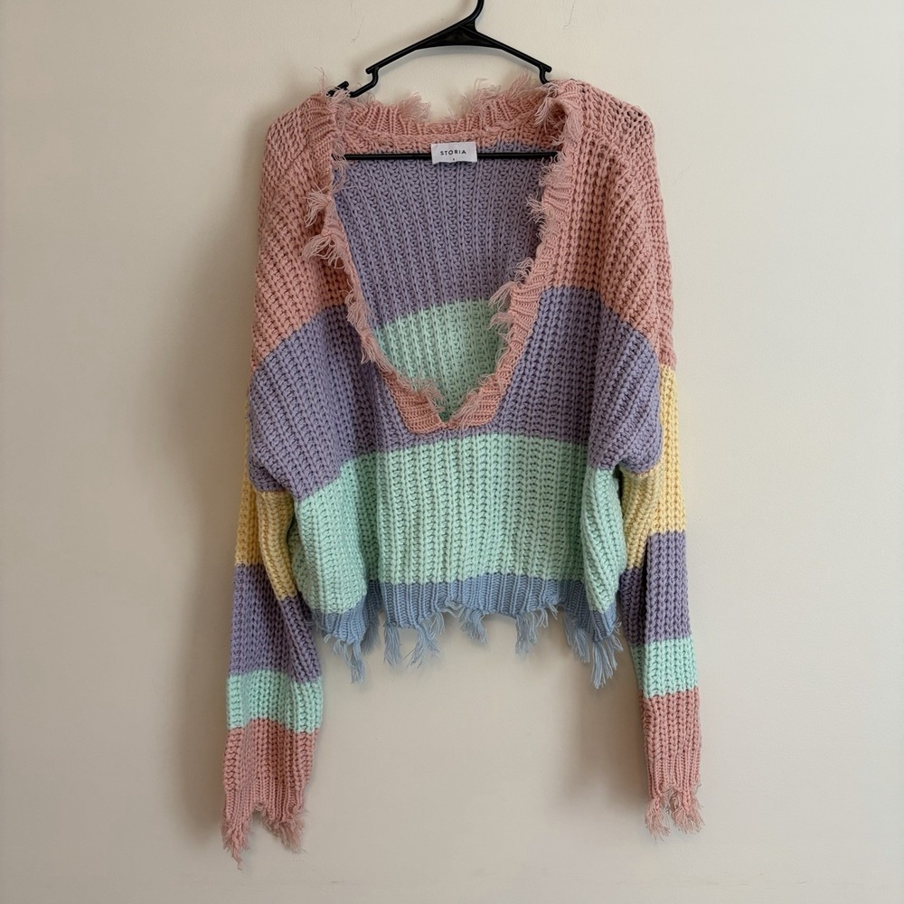 Storia Pastel Goth Fairy Grunge Distressed V-Neck Cropped Chunky Knit Sweater S